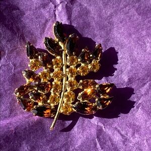 Vintage Gold and Brown Rhinestones Leaf Brooch